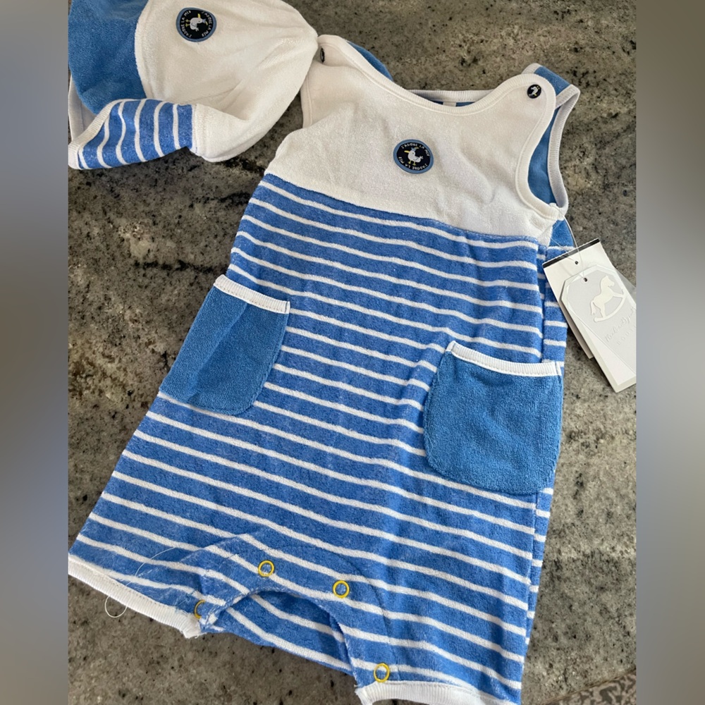 NWT French Blue and White French Terry Romper size 6-12 months with Matching Hat